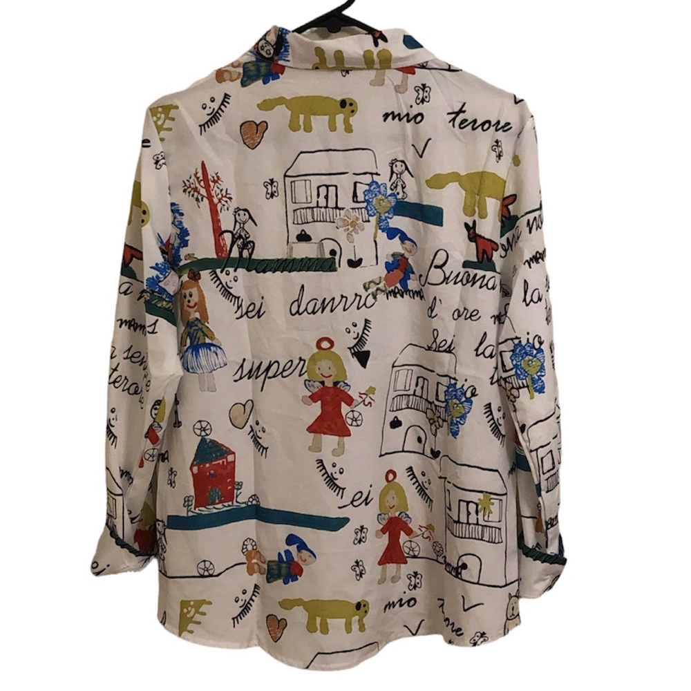 Duolin Doodle Print Chiffon Button Down Blouse - Picture 2 of 4